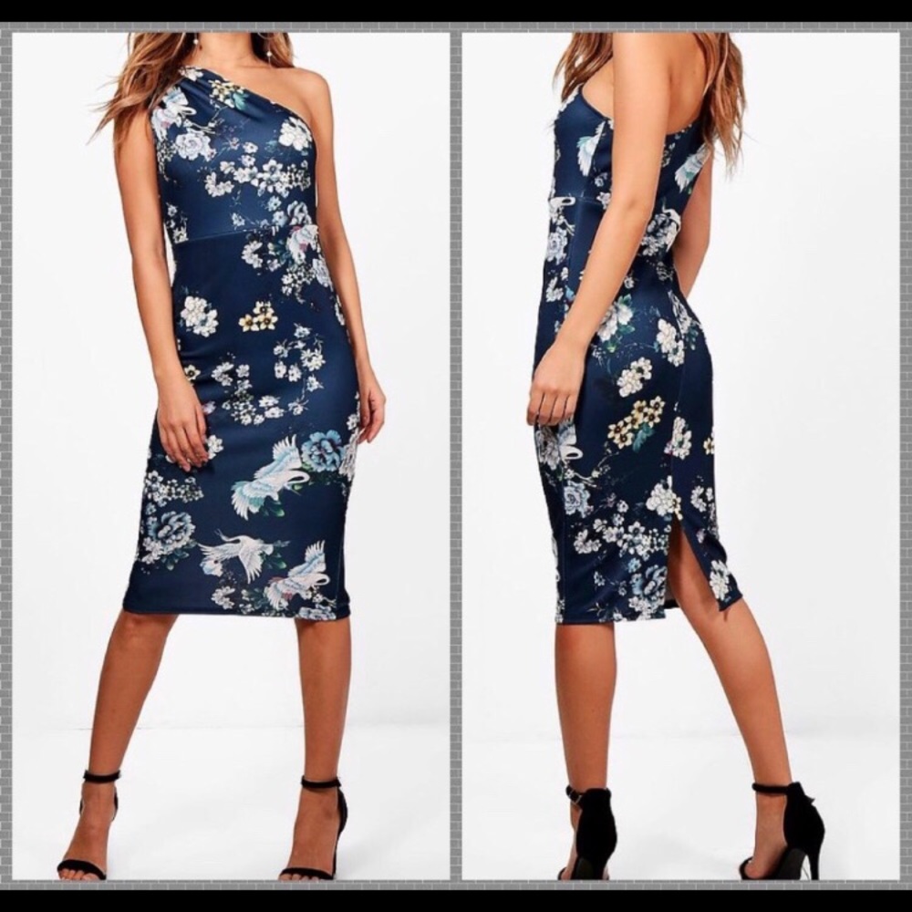 NWT one shoulder midi blue flower-printed dress